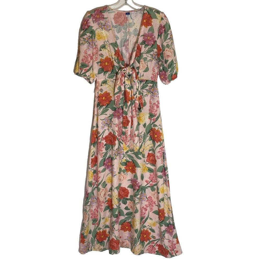 Old Navy Dress Womens Medium Multicolor Floral Linen Blend Maxi Tie Front Boho